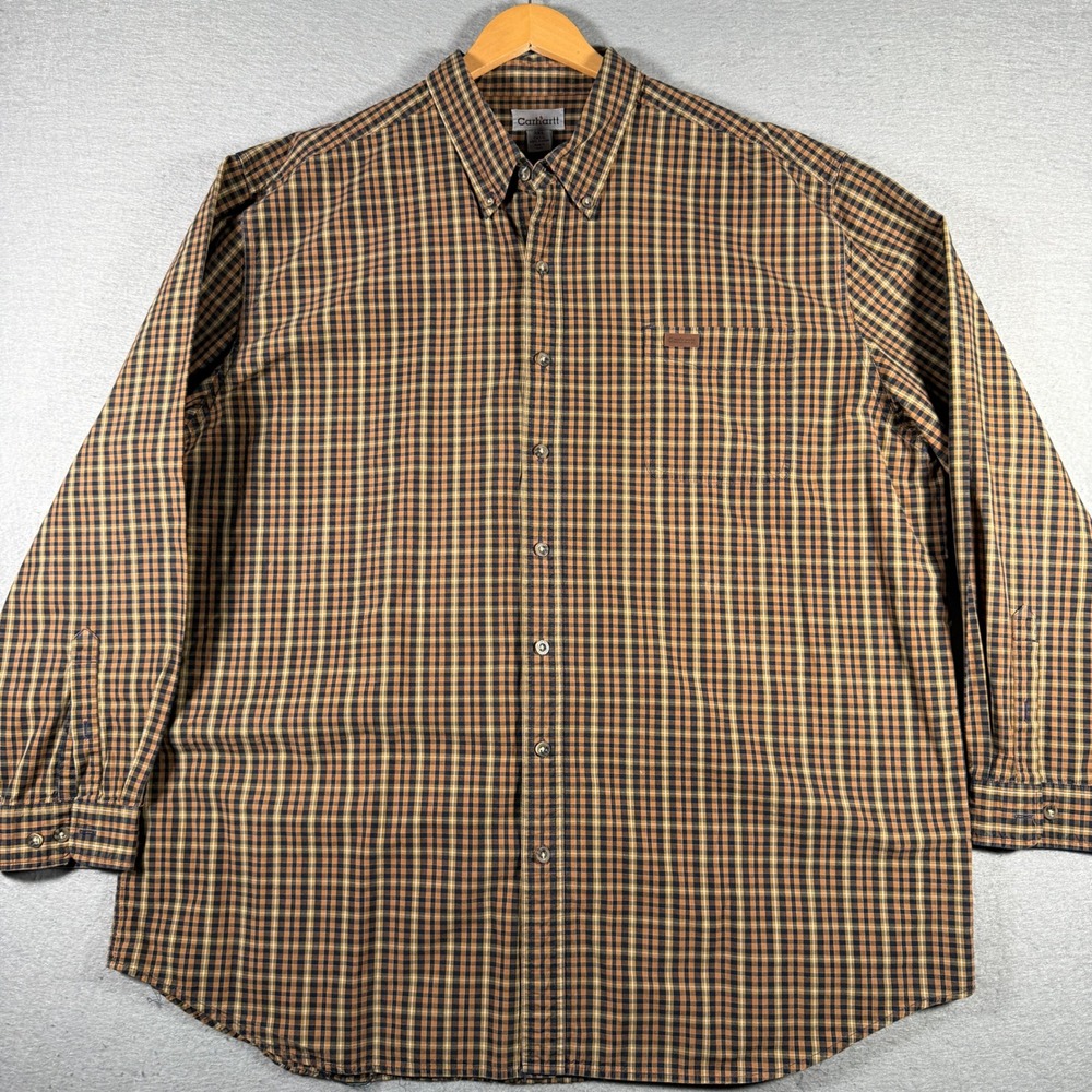 Carhartt Mens 3XL Tall Brown Plaid Cotton Button Down Work Shirt Fall 2007 12903